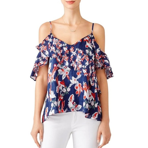 Tanya Taylor Navy Floral Cold-Shoulder Silk Blouse, size 2 - Picture 1 of 11